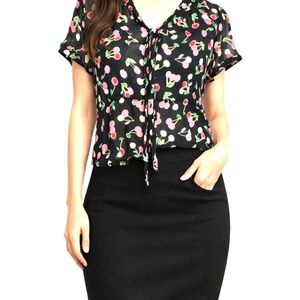 top S RAFAELLA vintage silk cropped tie neck button up cap sleeve sheer